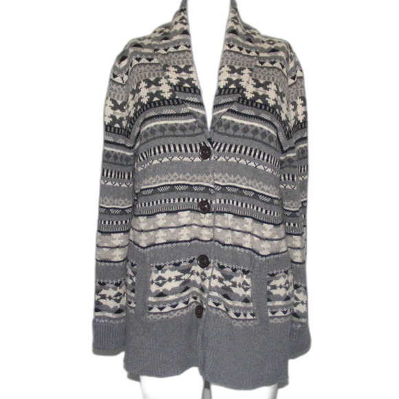 EDDIE BAUER Cardigan Sweater, M, Aztek, Stripe, Gray/White, Pockets, Washable - Picture 9 of 12